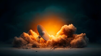 Fototapete - Futuristic antenna complex broadcasting and receiving signals across a dramatically lit atmospheric celestial canvas with vibrant orange sunset or sunrise colors and cloud formations