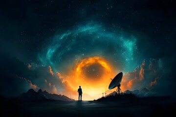 Poster - Futuristic antenna farm transmitting signals at varying wavelengths a complex network of antennas and dishes set against a boundless otherworldly sky with swirling auroras and glowing nebulae
