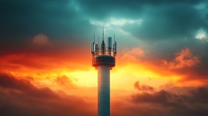 Poster - Futuristic communication tower with a cluster of antennas broadcasting radio waves across a vibrant multicolored sky backdrop during a dramatic sunset