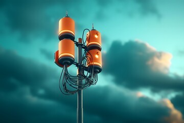 Poster - Futuristic high tech antenna array transmitting data across a surreal neon tinged skyscape with intricate wiring and gleaming metallic hardware pulsating with energy fields