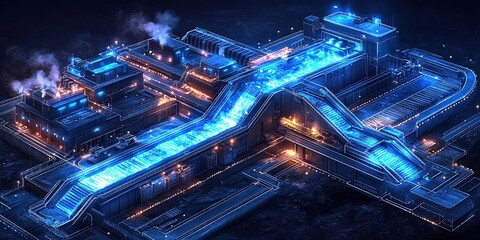 Poster - Futuristic industrial complex illuminated by blue lights and steam at night amidst a dark landscape