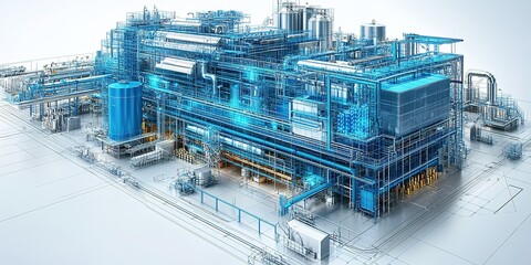 Poster - Industrial plant design in blueprints showcasing modern architecture and engineering details with advanced technology features