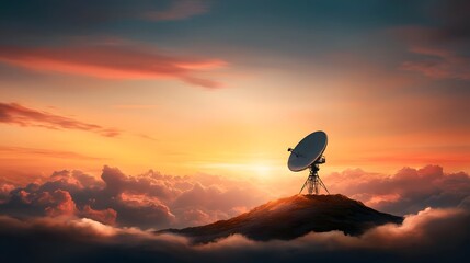 Poster - Futuristic radar dish and transmission tower silhouetted against a vibrant otherworldly sunset skyscape with dramatic cloud formations cinematic lighting and vivid hues of orange red and purple