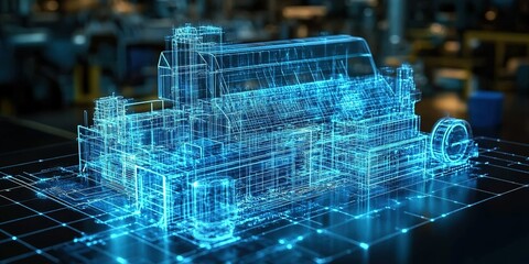 Poster - Detailed 3D digital rendering of a futuristic industrial machine in a high-tech environment showing intricate design elements