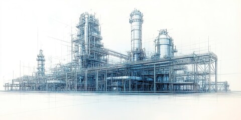 Poster - Industrial complex blueprint showcasing detailed structures and pipelines in a modern facility environment