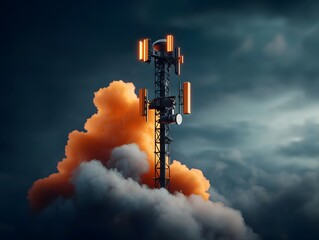 Poster - Futuristic satellite communication hub with towering transmission mast pulsing energy signals and data streams surreal and otherworldly sky with prismatic light refractions high tech visual style