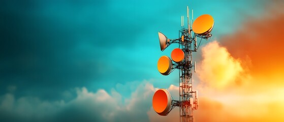 Poster - Gleaming array of satellite dishes and cellular towers transmitting waves of data across a vibrantly colored abstract sky cutting edge computational technology cinematic high dynamic range