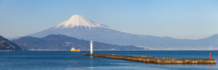 Wall Mural - mount fuji panorama with lighthouse, shizuoka prefecture, japan