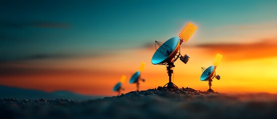 Poster - Gleaming array of satellite dishes and cellular towers transmitting waves of data across a vibrantly colored abstract sky