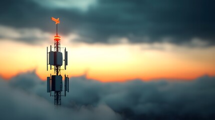 Poster - Glowing red and blue antenna transmitting and receiving radio signals at different frequencies set against a vibrant sunset colored sky with a cinematic sci fi atmosphere in a futuristic cityscape