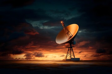 Poster - Imposing angular radar dish and transmission mast relaying transmissions through the air framed by an opulent luminous twilight sky bursting with rich jewel toned hues of crimson amber and indigo