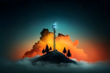 Poster - Imposing high tech communication mast with a complex network of antennas and receivers beaming data across a lush dreamlike landscape under a vivid ethereal sky