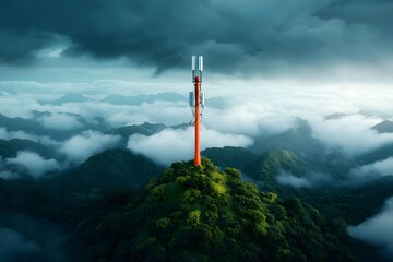 Poster - Imposing high tech communication mast with a complex network of antennas and receivers beaming data across a lush dreamlike landscape under a vivid ethereal sky