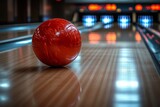 A bright red bowling ball rolls toward the pins on a smooth wooden lane inside a lively bowling alley, illuminated by colorful lights in the background Generative AI