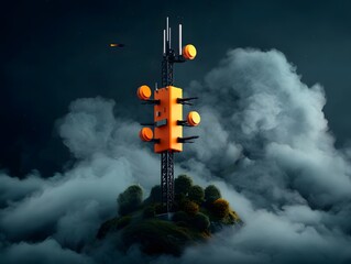 Poster - Intricate futuristic antenna array transmitting signals through a vast technicolor cosmic landscape with cinematic lighting digital art and a retrofuturistic aesthetic