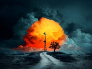 Fototapete - Majestic atmospheric landscape with towering radio antennas and satellite dishes transmitting data across the turbulent glowing sky reminiscent of the romantic era  Dramatic futuristic