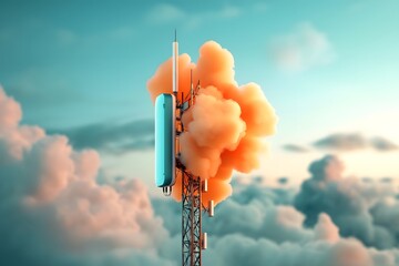Poster - Majestic futuristic communication tower radiating data streams across a vibrant kaleidoscopic skyscape  Its sleek