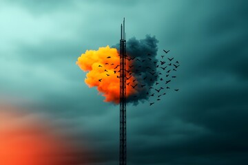 Poster - Majestic futuristic communication tower radiating data streams across a vibrant kaleidoscopic skyscape  The sleek