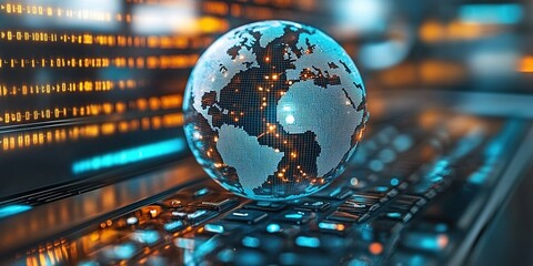 Poster - Modern digital globe highlighting global connectivity on a keyboard at night with vibrant lights