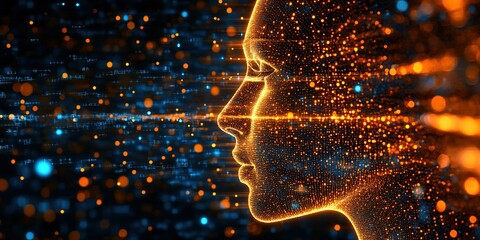 Poster - Digital face silhouette illuminated by glowing particles in deep blue and orange tones reflecting technology and innovation