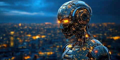 Poster - Futuristic robot with glowing features overlooking a city skyline at night