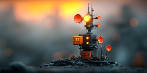 Poster - Massive futuristic radio antenna tower with multiple dishes and transmitters glowing with electromagnetic energy set against an orange and purple sky at dusk