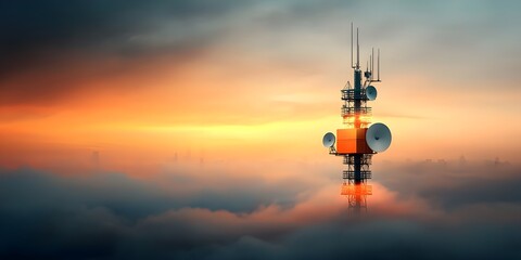 Poster - Massive radio antenna tower with multiple dishes and transmitters glowing with electromagnetic energy set against an orange and purple sky at dusk  Detailed mechanical components and high tech