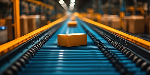 Poster - Packages moving along a conveyor belt in a busy distribution center during the afternoon shift