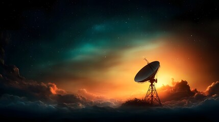 Poster - Radar dish and transmission tower silhouetted against a captivating gradient filled celestial canvas with swirling clouds and glowing aurora borealis cinematic lighting and vibrant colors
