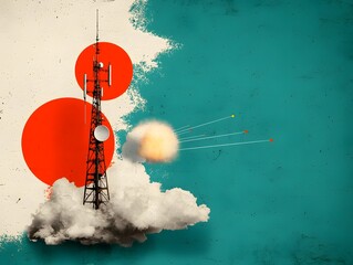 Poster - Retro Futuristic Antenna Network Pulsing with Electric Currents Beaming Bursts of Data Through a Dazzling Richly Hued Celestial Sky