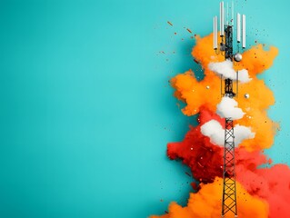 Poster - Retro futuristic antenna network pulsing with electric currents beaming bursts of data through a dazzling richly hued sky
