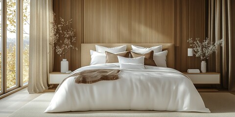 Poster - Modern bedroom design featuring neutral tones and natural light in a serene setting