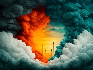 Poster - Satellite antennas and radio towers transmitting data across a majestic turbulent sky saturated with warm glowing light with a timeless painterly appearance reminiscent of the Romantic era