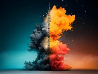 Poster - Satellite communication hub with a towering transmission mast pulsing with energy signals and data streams