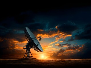 Poster - Sleek high tech radar dish and communications tower transmitting data signals set against a stunning almost painterly twilight sky with swirling dynamic cloud patterns and radiant saturated colors