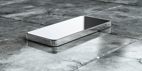 Poster - Sleek smartphone rests on polished concrete surface reflecting light indoors