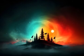 Poster - Striking image depicting a complex network of antennas and satellite dishes transmitting signals amidst a breathtaking cosmic landscape  Swirling auroras glowing nebulae and a boundless