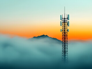 Poster - Tall steel communications tower with latticed antenna structure reaching skyward amid hazy gradient sky tones