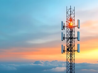 Poster - Tall steel latticed communication tower structure broadcasting digital information and radio signals across the landscape