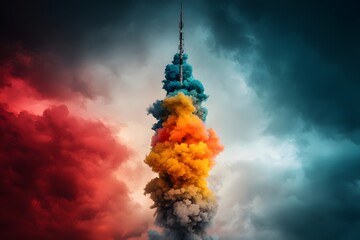 Poster - Towering antenna array reaching up towards the heavens pulsing with multicolored energy signals against a dramatic golden and crimson sky at sunset
