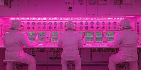 Poster - Astronauts working at a control station in a futuristic space environment during an experimental mission