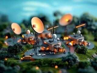 Poster - Towering communication relay station with an intricate array of dish antennas and satellite dishes transmitting signals through a colorful otherworldly sky at dusk
