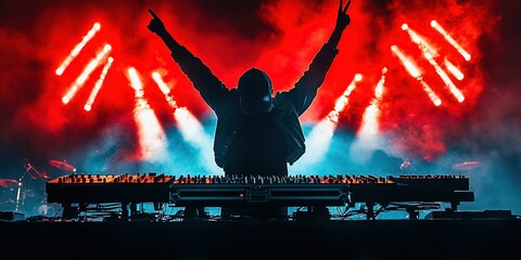 Poster - DJ performs energetic set at a vibrant music festival illuminated by colorful lights and smoke effects