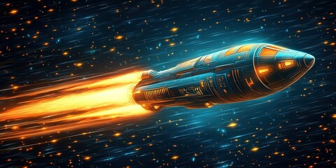 Poster - Rocket soaring through deep space with glowing trails in a starry cosmos during a vibrant cosmic journey