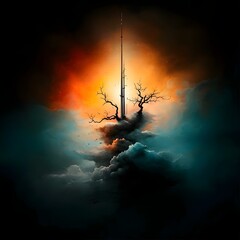 Fototapete - Towering silver antenna masts beaming signals through an expansive luminescent celestial vista with a dramatic and dynamic stylized impressionistic painting technique rich textures and vibrant colors