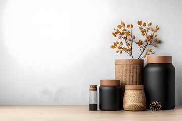 Poster - A collection of storage containers in different textures including cardboard wicker and steel boxes neatly arranged on a light wooden surface
