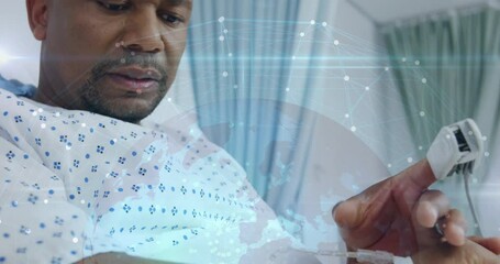 Poster - In hospital, man in gown experiencing digital network animation for medical technology