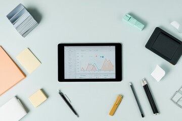 Poster - concept image of digital analytics with tablet showing interactive charts surrounded by neatly arranged office supplies