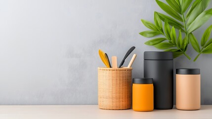 Poster - An array of storage containers and organizational elements in a variety of materials such as cardboard wicker and metal arranged on a light wooden table