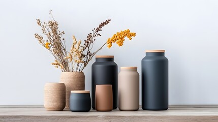 Poster - An assortment of storage containers in geometric shapes and natural materials like wicker cardboard and metal neatly displayed on a rustic wooden table conveying a minimalist